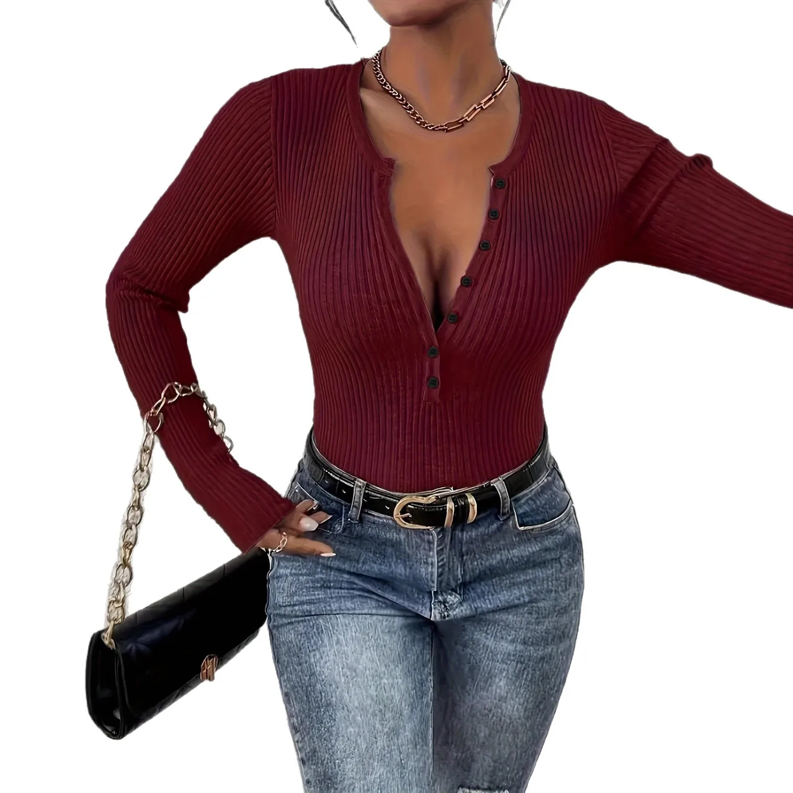 Long Sleeve Pullover Top Slim Fit Minimalist Women Sweater with Button Collar Japanese Korean Casual Regular Length Winter