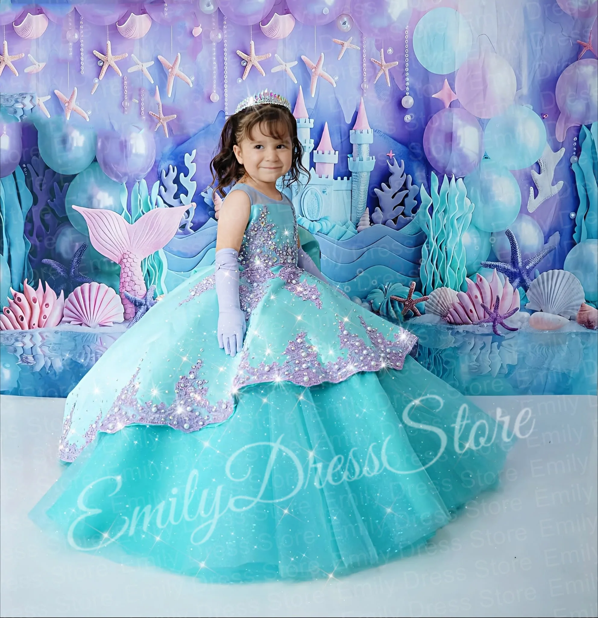 Customized Green Flower Girl Dress For Wedding Puffy Satin 3d Applique Elegant Length Kids Birthday First Communion Pageant Gown