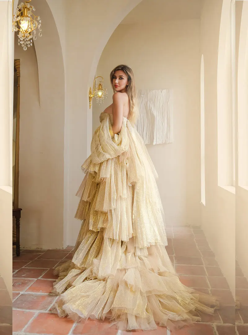 Vestido de maternidade dourado cintilante para fotografar, vestido de maternidade de malha em camadas, frente aberta, vestidos de gravidez fora do ombro, fotografia do chuveiro do bebê