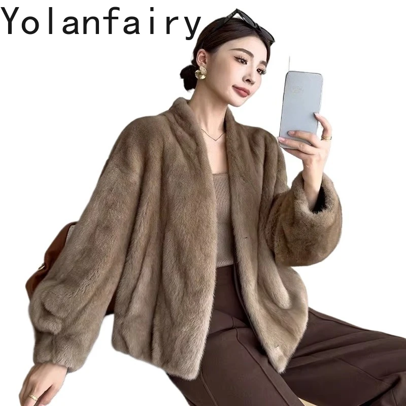 

YOLANFAIRY Натуральная шуба из цельного меха норки для женщин, зимняя, с V-образным вырезом, элегантная короткая норковая куртка, Chaquetas Para Mujer