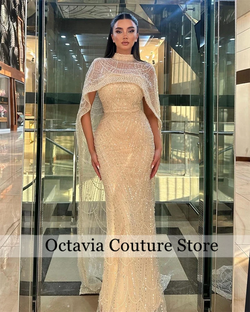 

Champagne Luxury Mermaid Beaded Evening Dress with Cape Dubai Elegant 2 Pieces Set Formal Gowns for Wedding Party فستان وردي