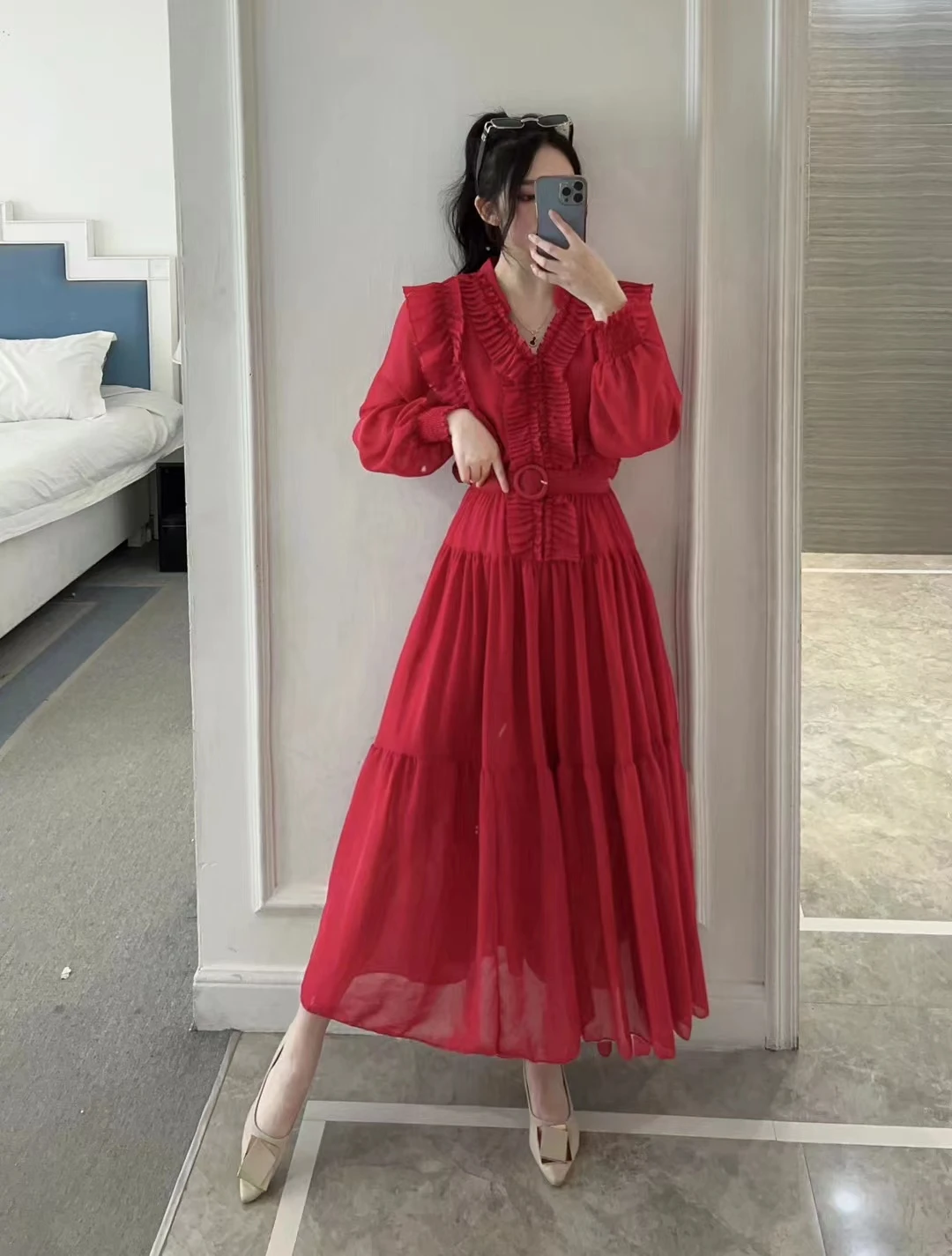 2024 New Spring Autumn Women V-Neck Long Sleeve Belt Slim Long Dress Sweet Pleated Edible Tree Fungus Patchwork Big Hem Dress