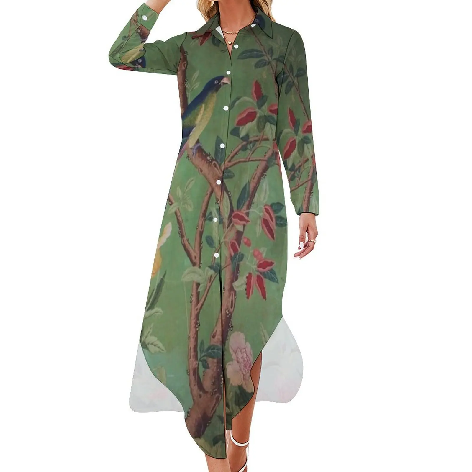 

Green Dream Chinoiserie Long Sleeved Shirt Dress summer dress woman 2024 Woman dresses Dresses for wedding party