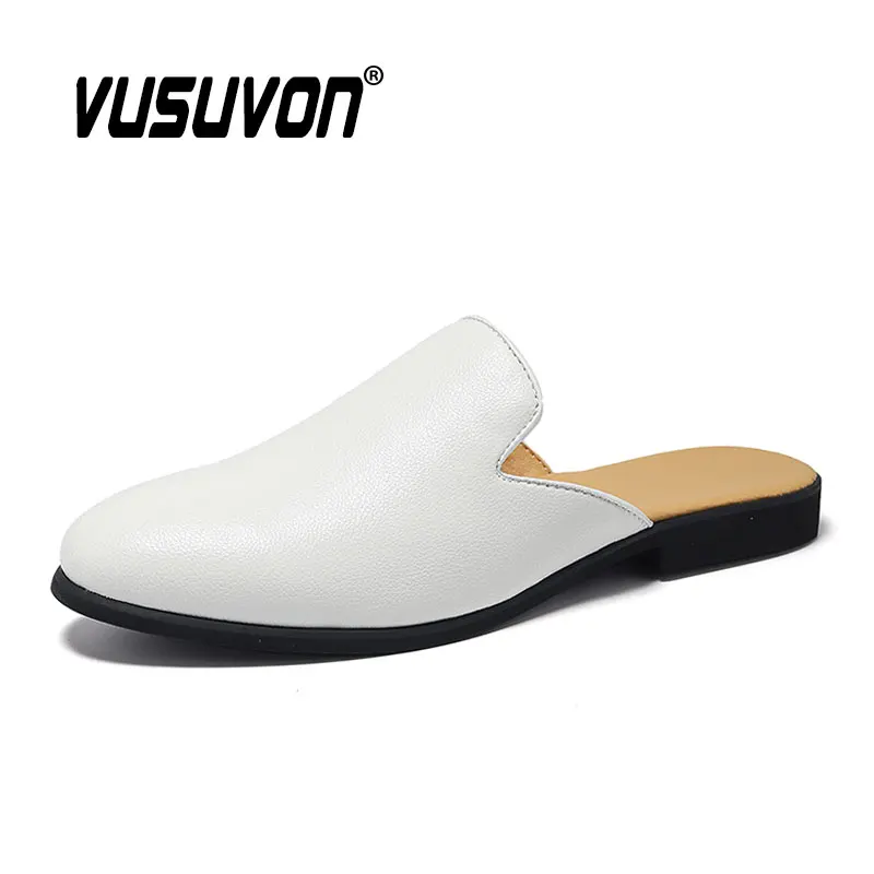 Fashion Men Half Slippers Split Leather Loafers Breathable Black Shoes Soft Outdoor Casual Flat Summer Mules Slides 38-47 Clogs