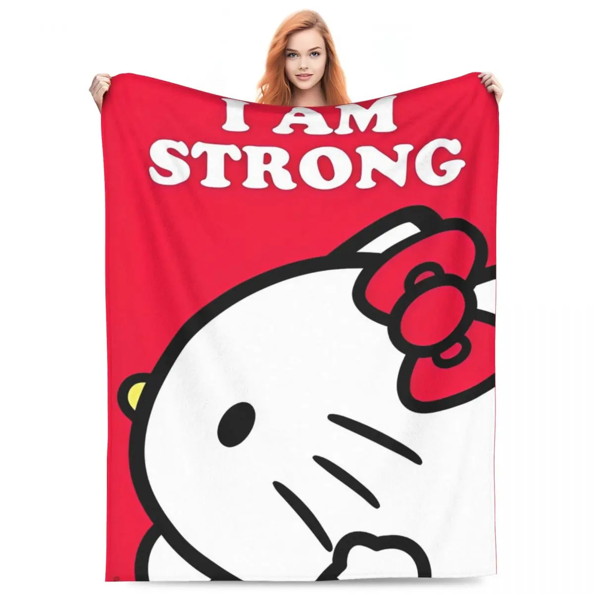 

Hello Kitty I AM Strong Flannel Blanket Super Warm Throw Blanket for Couch Bed Travel Funny Bedspread Sofa Bed Cover