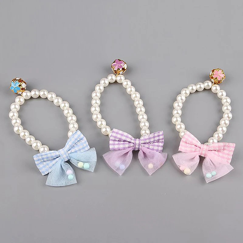 1pc Pet Pearl Necklace Bow Elastic Collar Cat Jewelry Neckband Teddy Small And Medium Dog Neckband