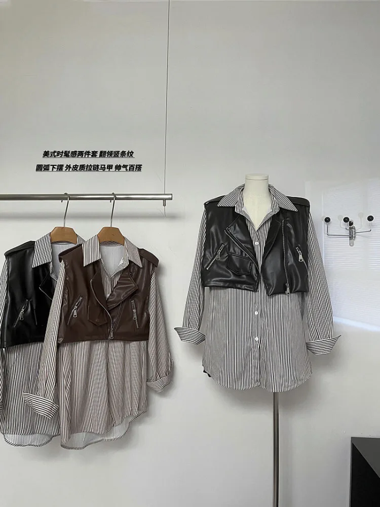 

Casual Striped Women's Shirt Fashion Patchwork Leather Two-piece Commuter Blouse Women 2023 Autumn Vintage Blusas