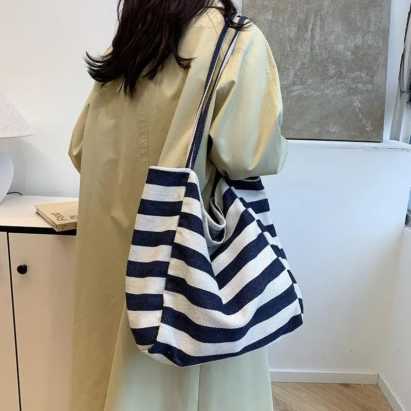 Striped Canvas Shoulder Bag For Women Large Capacity Casual Tote Handbag Simple Fashion Daily Shopping Bag