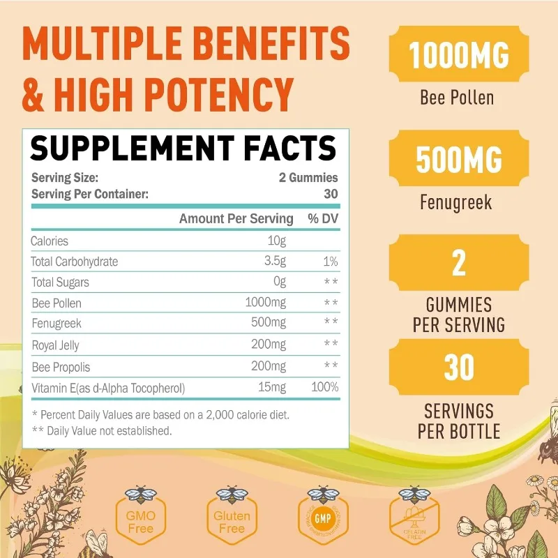 Bee Pollen Sugar Free Gummies,organic Bee Pollen Supplements,suitable for Women,rich in Vitamin E, Enhance Immunity and Skincare