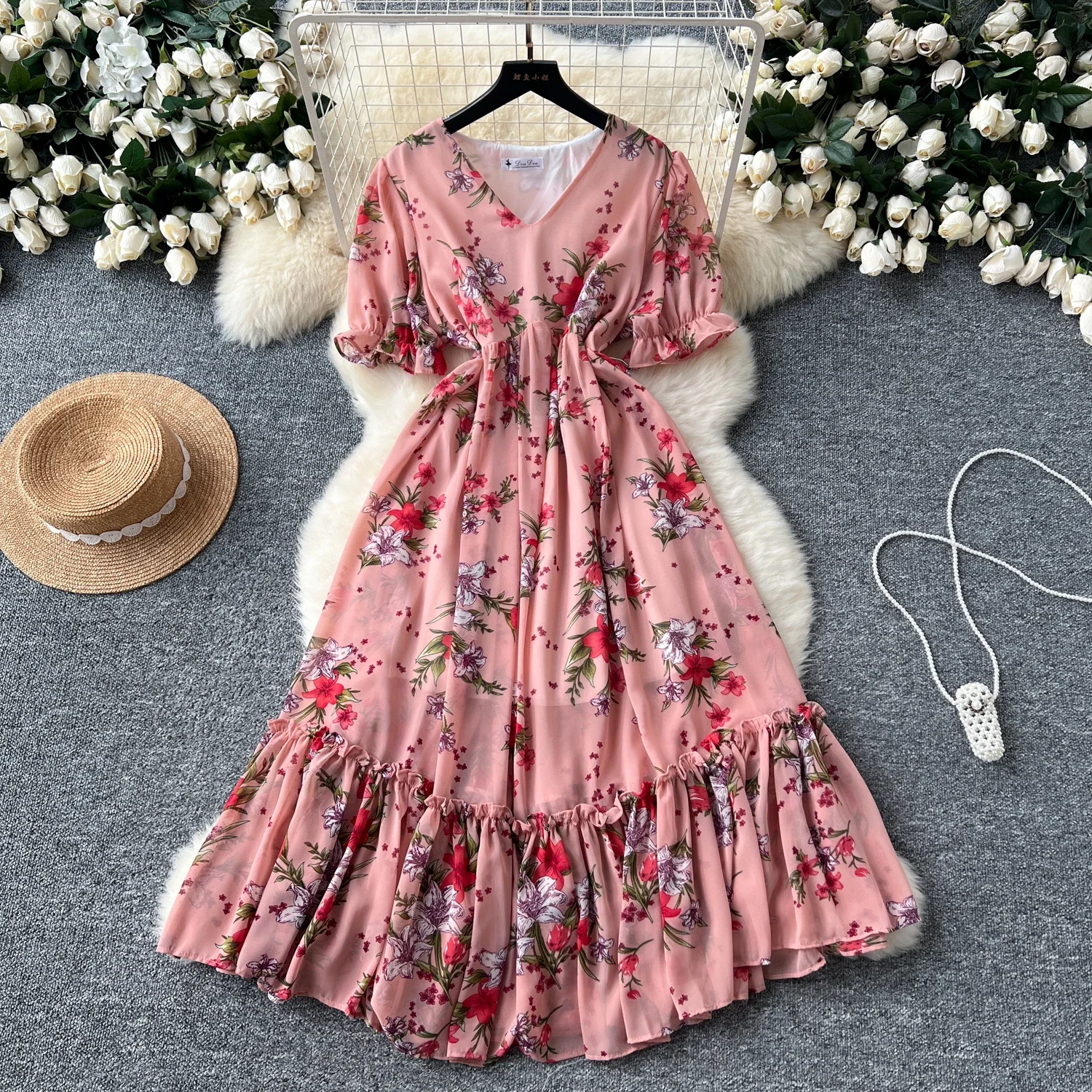 Elegant V-neck Vintage Short Puff Sleeve Chic Ruffle Slim Print Dress French Fashion Beach Vacation High Street Summer Clothing