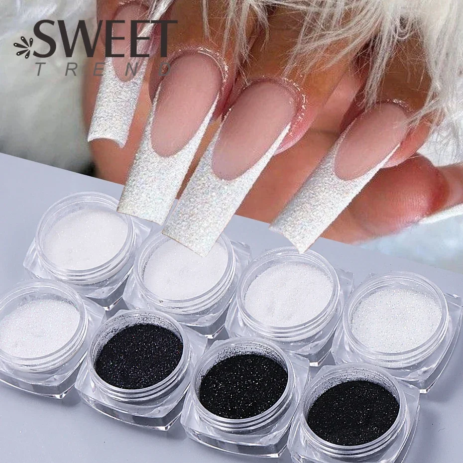 8 colores negro blanco brillo de uñas polvo de inmersión pigmento brillante polvo láser azúcar arte de uñas lentejuelas brillos decoraciones de manicura