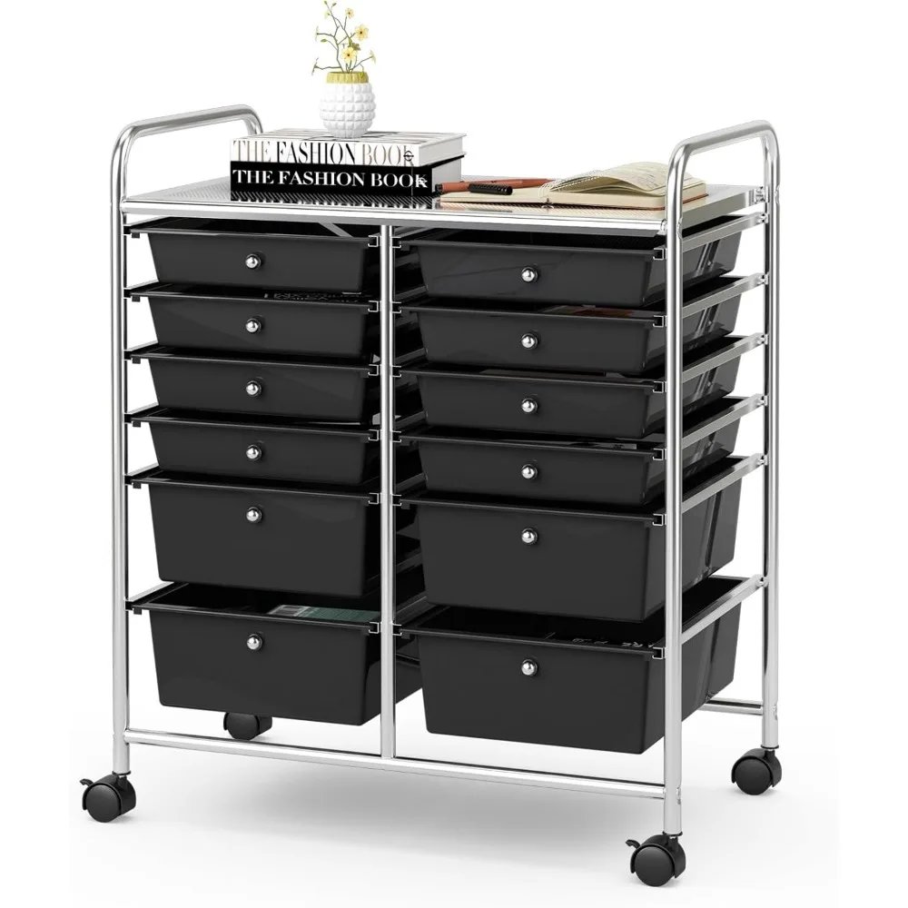 12-Drawer Rolling Storage Cart, Multipurpose Movable Organizer Cart, Utility Cart for Home, Office, School (Black)