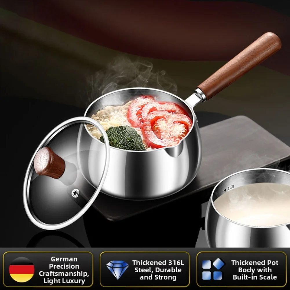 

1 Pcs Stainless Steel Small Milk Pot With Heat-resistant Wooden Handle And Lid Household Coated Frying Small Pot Kitchen Access