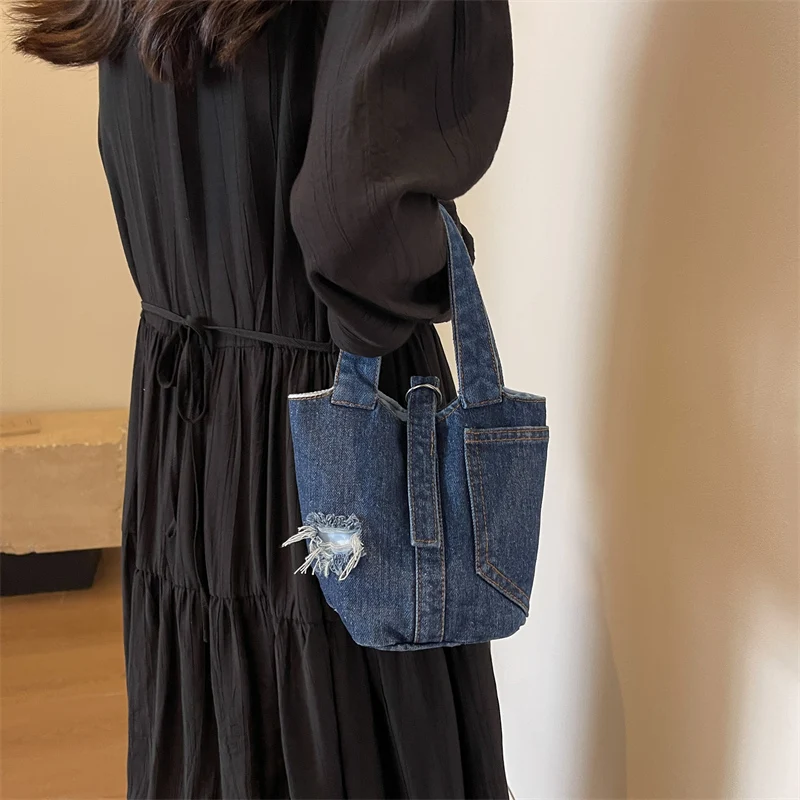 

Small Denim Women's Bag 2023 New Jeans Bucket Bag Canvas Top Handle Bag Y2K Eco Bag Korean Tote Shopper Female Designer Handbag