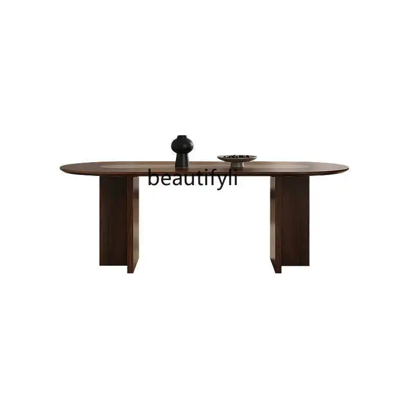 

Medieval light French black walnut dining table travertine rock slab oval small apartment dining table