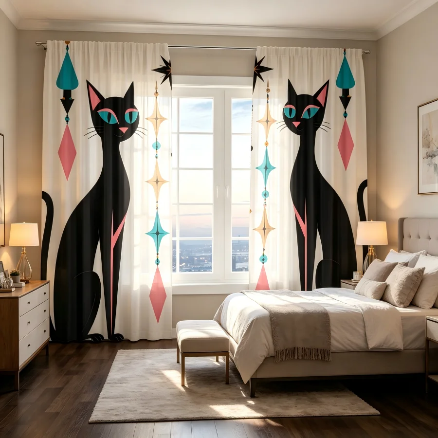 2PCS Digital Print  Curtain, Black Cat Starburst, Bohemian Style  Curtain Panel for Home Living Room Bedroom Decor