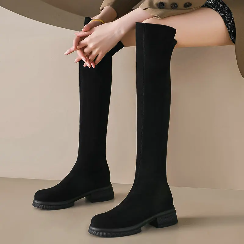 

2024 Faux Suede Women Over The Knee Boots Fashion Round Toe Thick Med Heel Zippers Casual Shoes Woman Autumn Winter Size 34-43