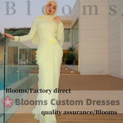 Blooms Customized Light Yellow Muslim Prom Dresses Long Sleeves Pleated Flower Evening Dresses Floor-Length Formal Gown