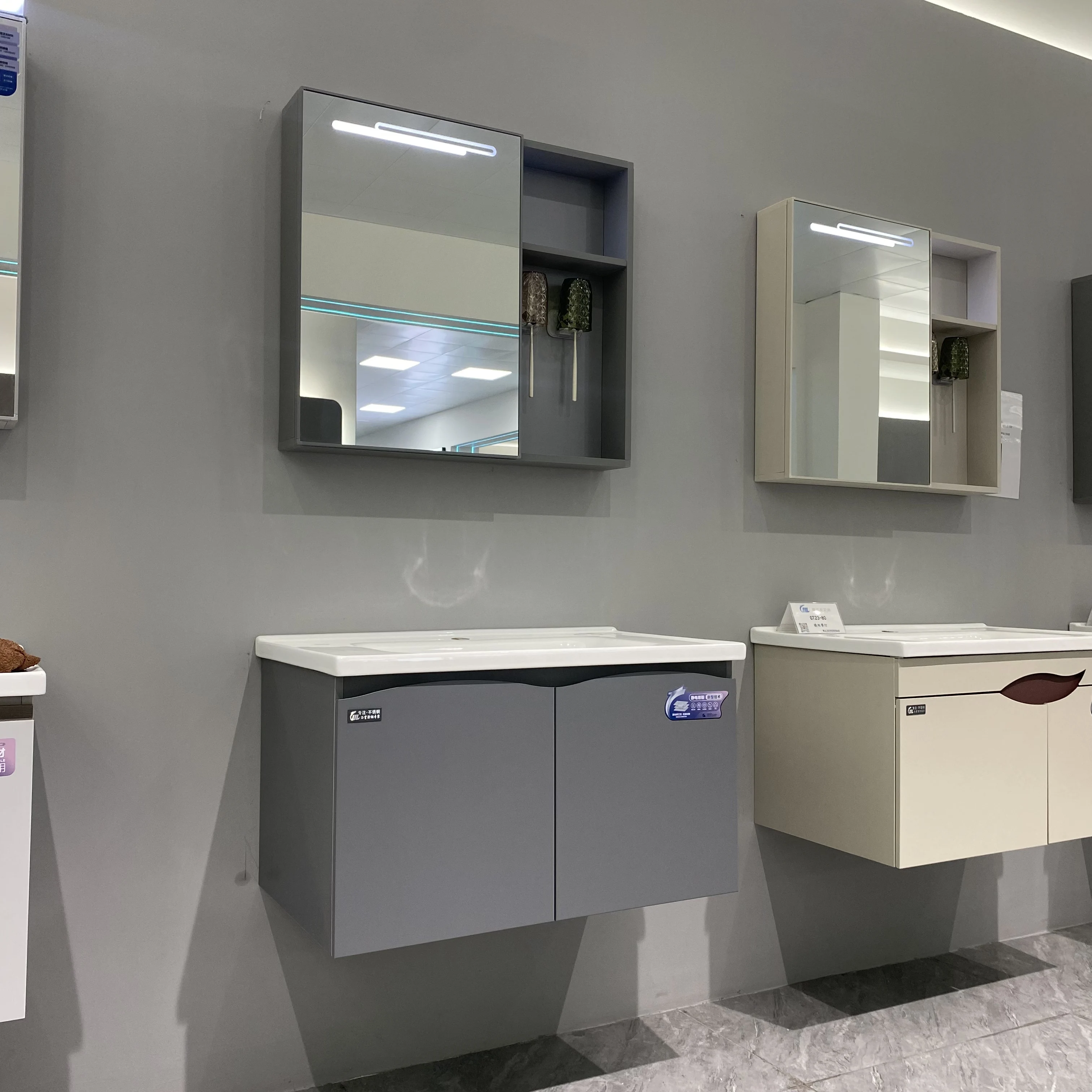 Chinese Modern Moisture-Proof Lighted Mirror Stainless Steel Ceramic Wall-Mounted Washbasin Gray Vanity Combo Easy Clean