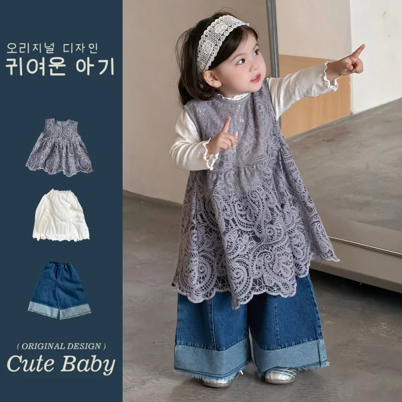 

Детская блузка с кружевом, весеннее платье для девочек, стильный комплект для малышек, тройка с широкими джинсами.