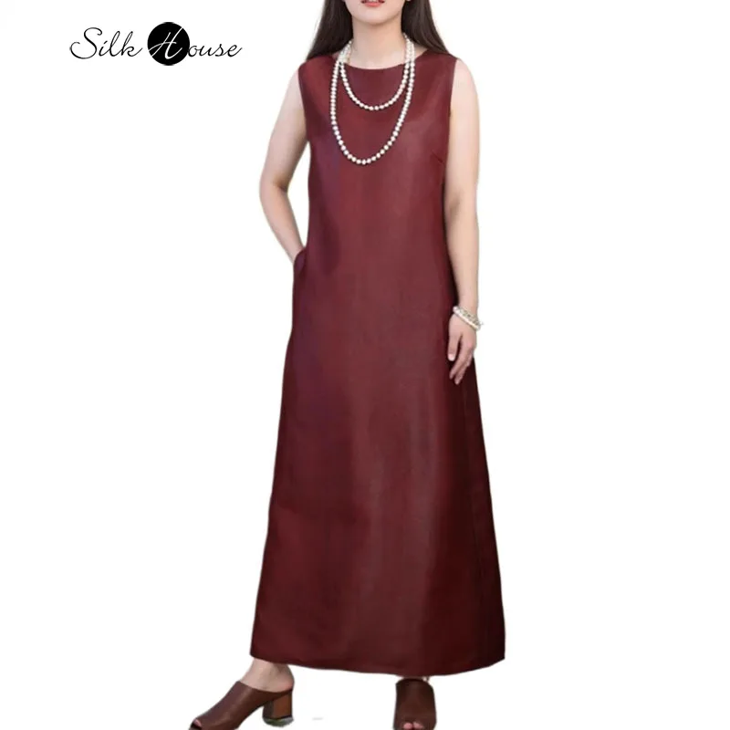 

2025 Women's Fashion Spring/Summer New National Style 100% Natural Mulberry Silk Red Cloud Yarn Sleeveless Round Neck Dress