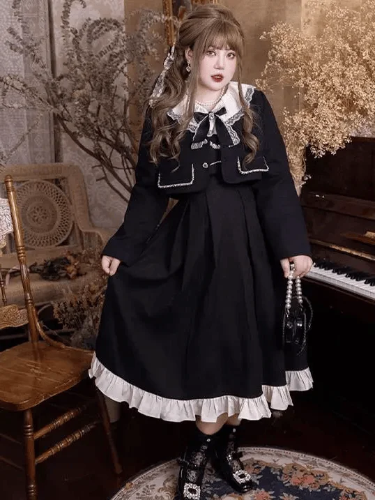 L-4XL Grote maat dames lente nieuwe Lolita lange jurk Slanke kant Hoge taille Lange mouw Prinses Dagelijkse jurk Zwarte korte jas