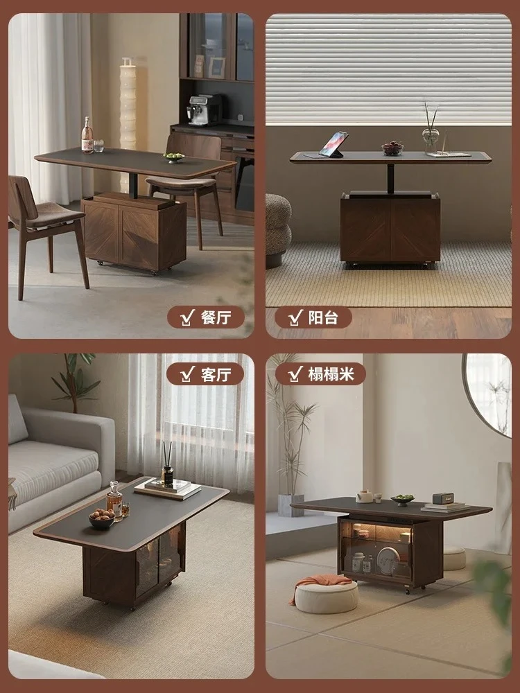 N Italian Minimalist Black Walnut Solid Wood Adjustable Coffee Table Living Room Home Small Apartment Mobile Tea Table