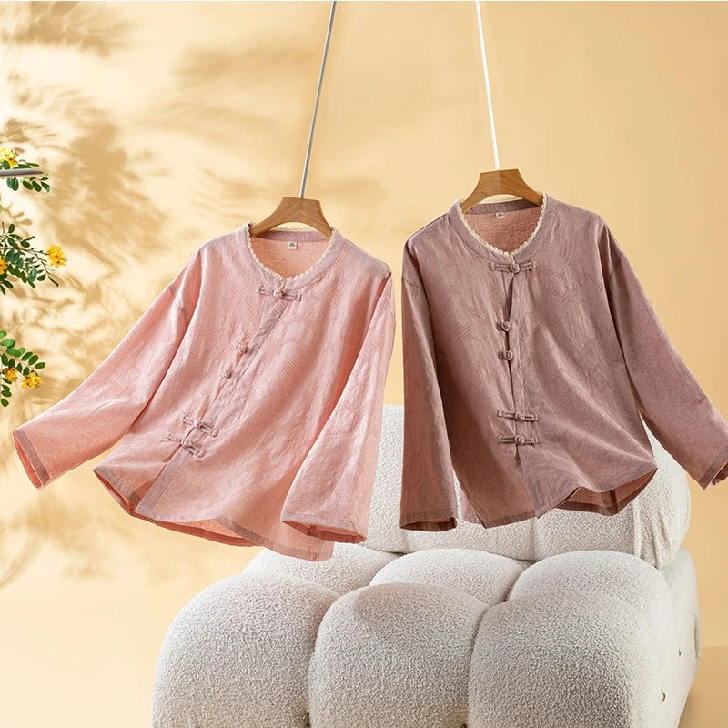 

Women's 100% A-Grade Cotton Pajama Set Soft Breathable Loungewear with Unique Chinese Frog Buttons & Delicate Lace Trim Neckline