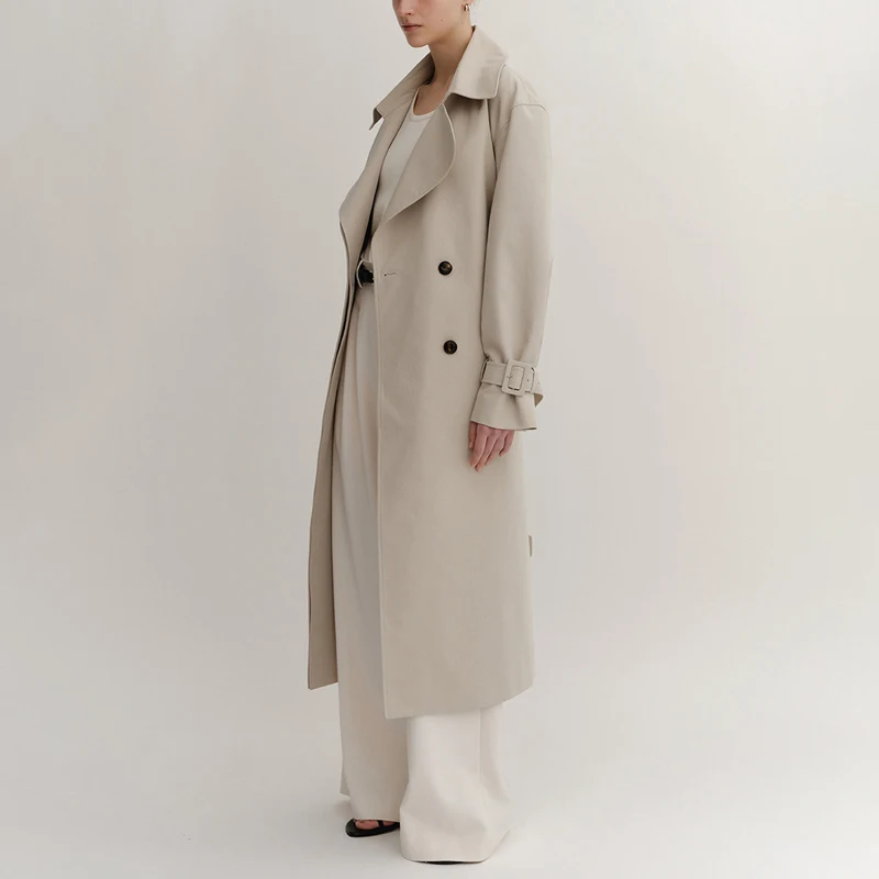 Elegant Minimalist Knee-Length Women's Trench Coat – British Fashion Double-Breasted Timeless Windproof Windbreaker