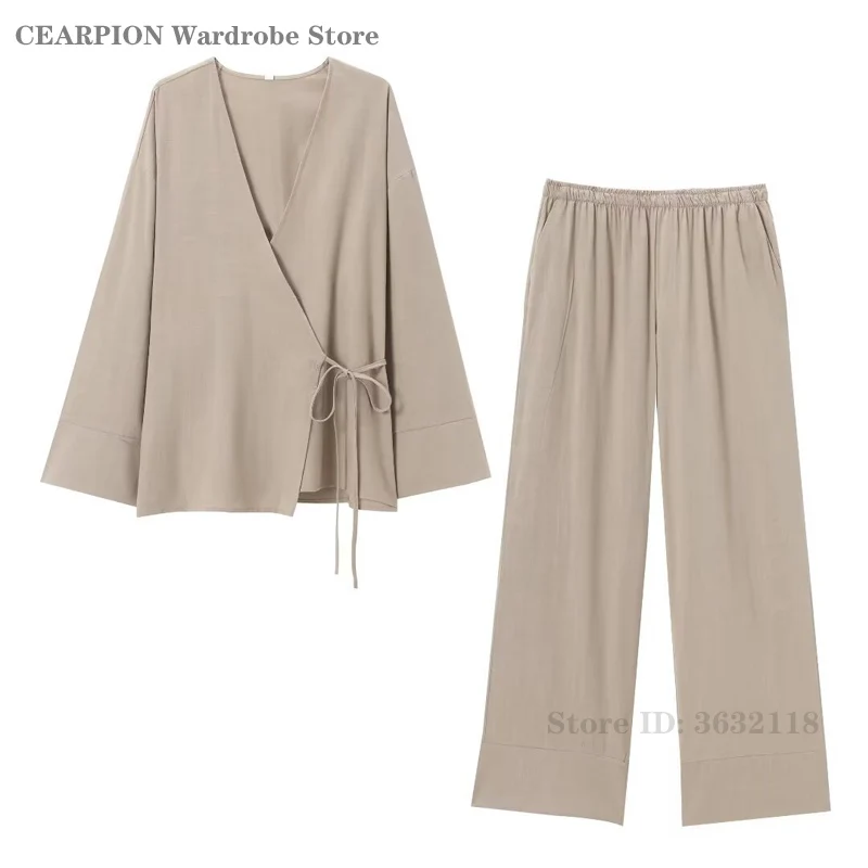 

Chinese Style Tang Suit Spring Autumn Loose Shirts Women's Kimono Style Shirt Trousers Set V-Neck Tunic Simple Jacket Coat