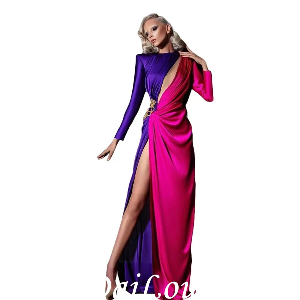 Purple And Fuchsia Arabic Evening Dresses High Neck With Slit Long Sleeve Satin Floor Length Dubai Formal Women Party Dress