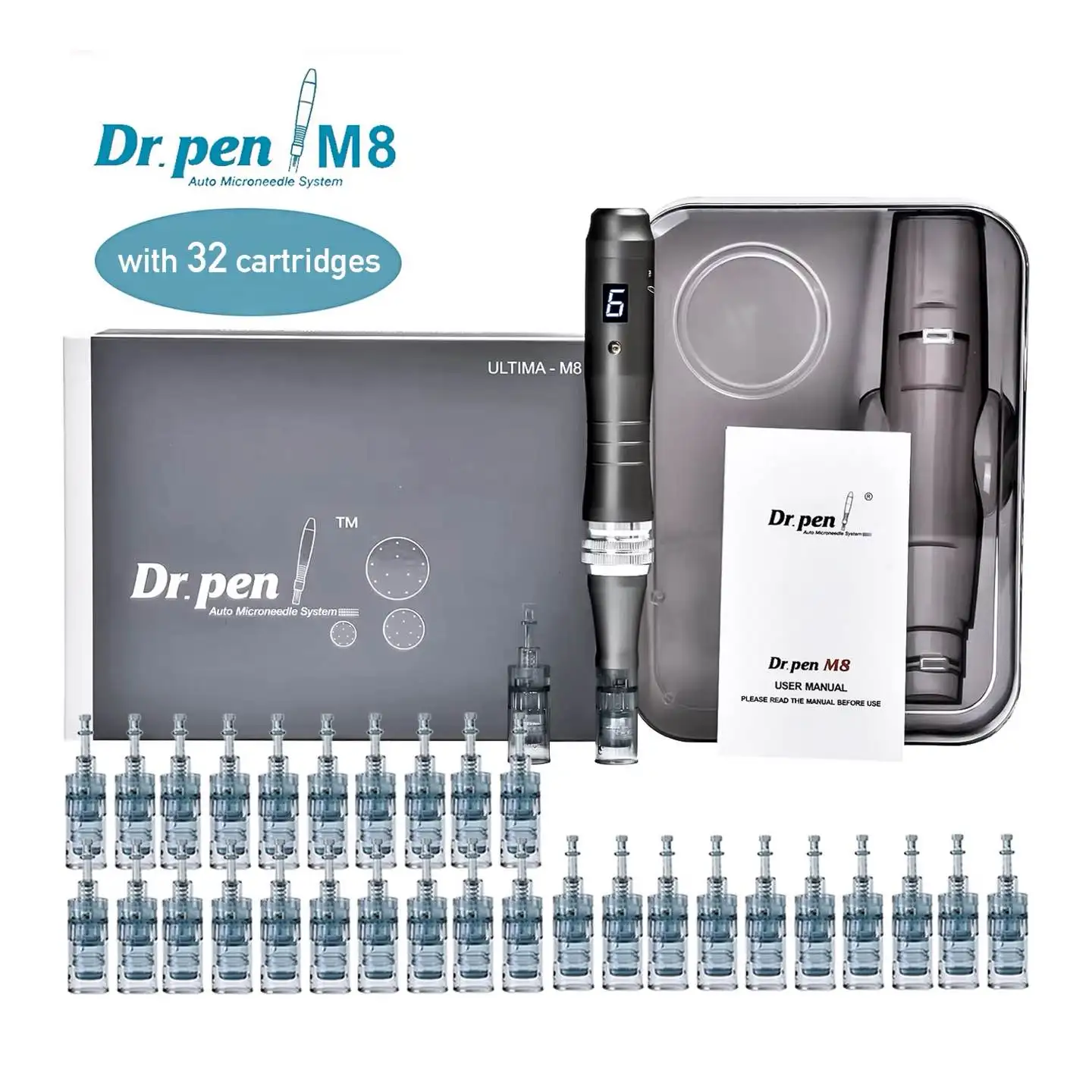 Dr. Pen M8 met 32 cartridges Derma Pen huidverzorgingsapparaat