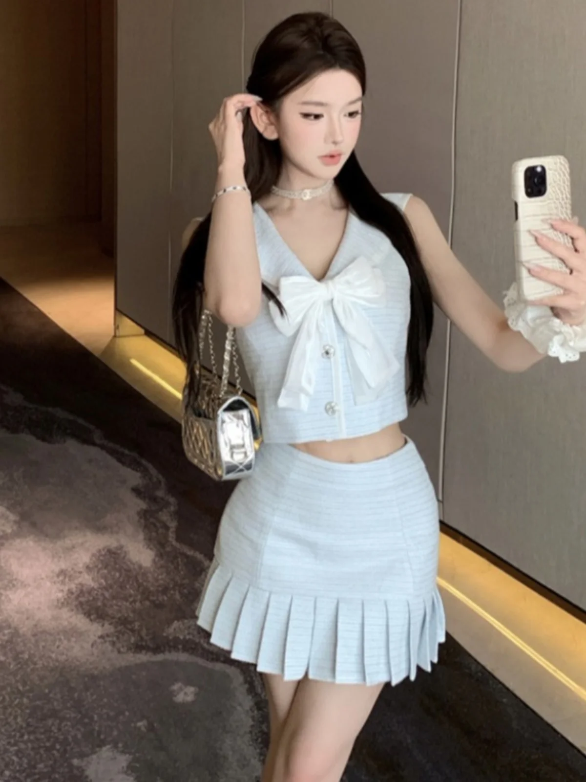 

acie's Home Vintage Lightweight Tweed Navy Collar Knot Vest plus Fi Tail Pleated ort Skirt Two-Piece Set