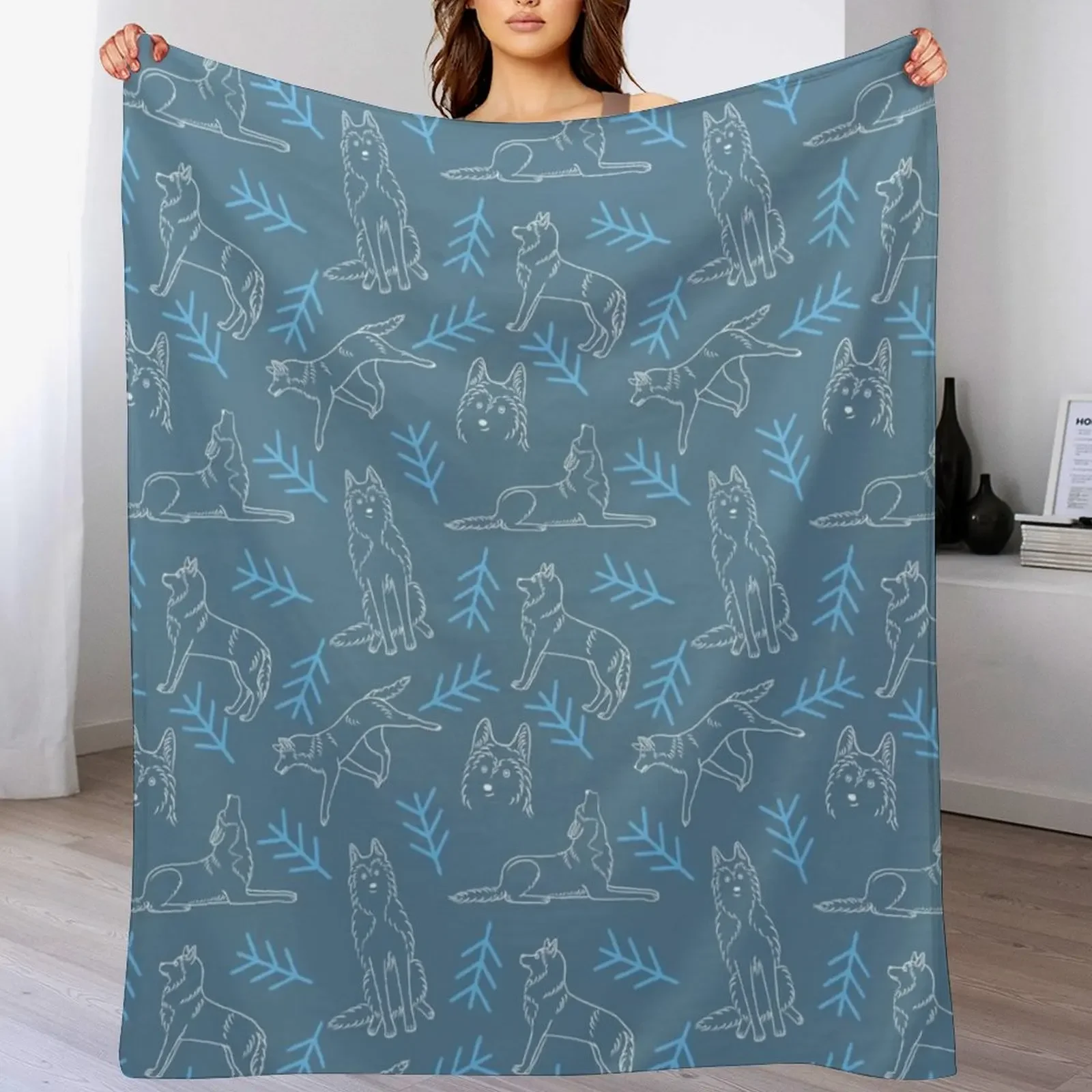 Siberian Husky Pattern (Blue-Grey Background) Throw Blanket Elegant Warm Throw Blanket for Hotel Home