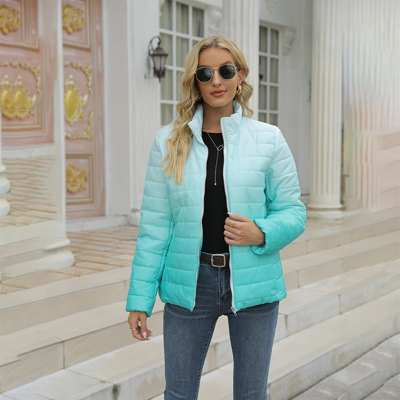 Women Elegant Long Sleeve Gradient Streetwear Thick Jackets New Fashion Winter Zipper Jacket Casual Slim Warm Padded Coats 2023