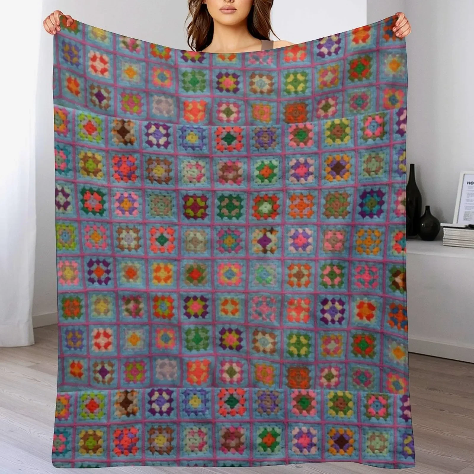 

Granny square afghan - multi on blue Throw Blanket Bed covers Hairy Blankets For Bed Decorative Beds Blankets