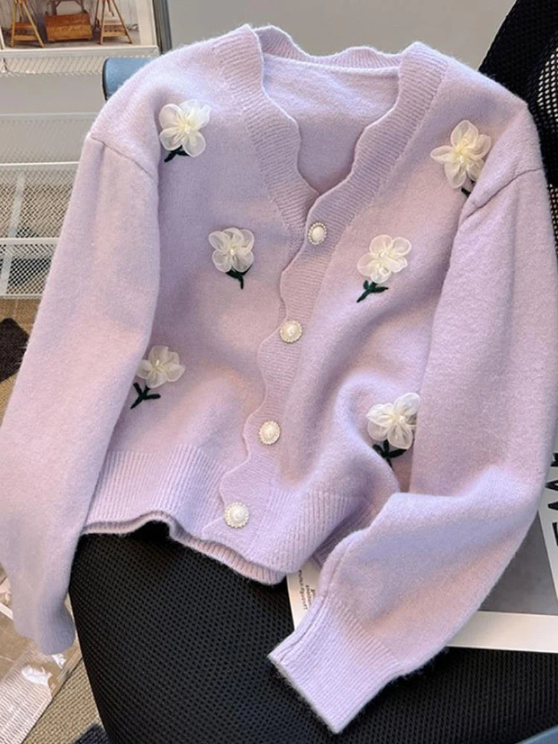 Spring Autumn Flower Nail Bead Knitted Sweater Cardigan 2024 Soft Lace Edge V-neck Top Women Korean Style Loose Long Sleeve Coat