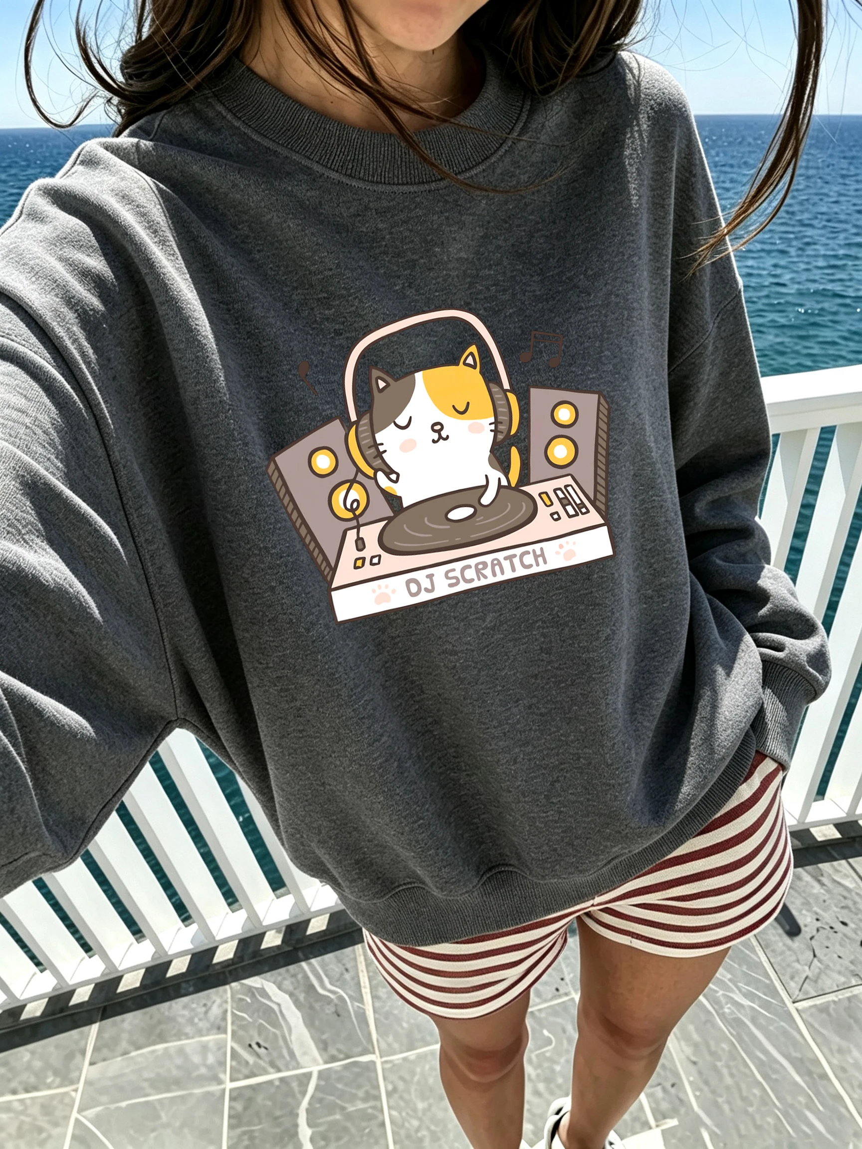 Scratch Hip Hop Music Cat Print All-Match Loose Sweatshirt Street O-Neck Streetwear Hipster Soft Pullover Autumn Casual Top
