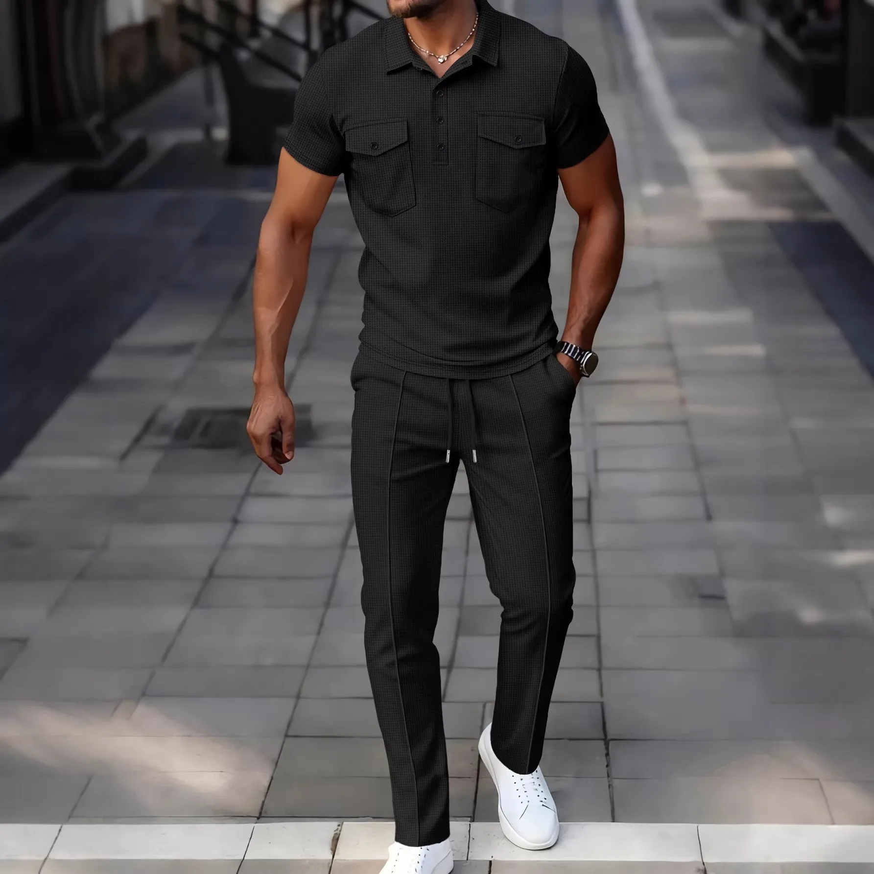 Herren Waffelstrick 2-Teiliges Set Doppeltaschen-Poloshirt & Slim Fit Hose Lässiger Trainingsanzug