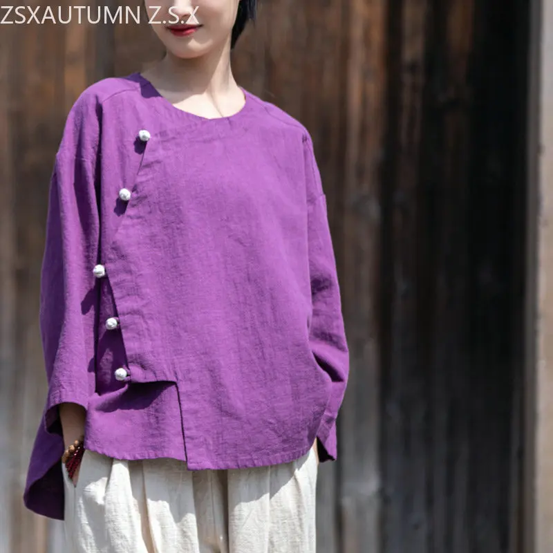 

2023 Spring Summer New Cotton Hemp Chinese Top Women's Retro Irregular Women's Shirt Traditional Tang Blouse China Clothes