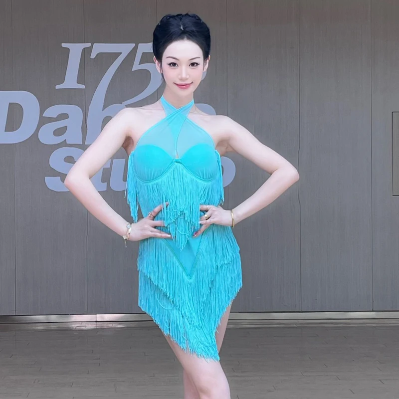 

Adults Performance Latin Dance Costumes Sexy Halter Latin Dance Tassels Dress Practice Clothes Women'S Party Wear SL10195