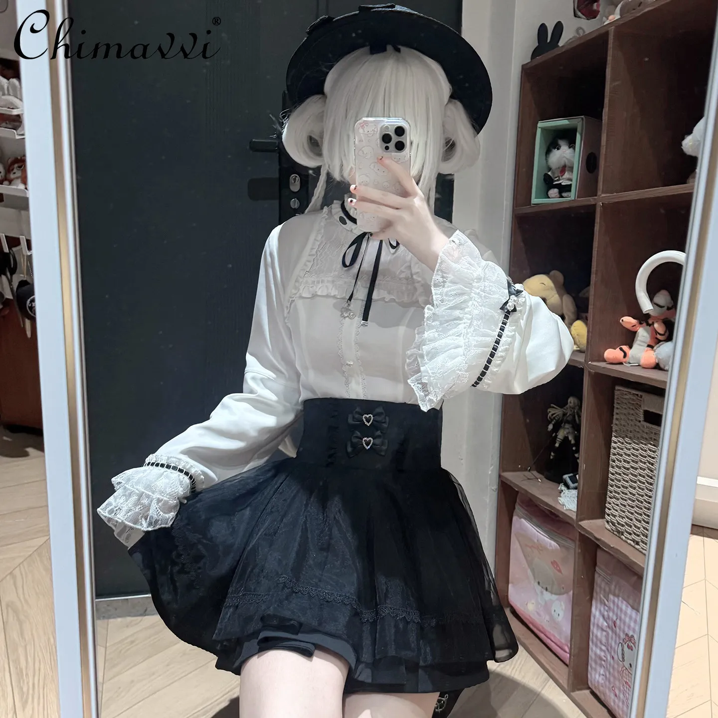 

Japanese Mine Series Flare Long Sleeves Lace Shirt Tops Black Short Skirt Sweet Cute Lolita Gothic Style Girls Skirt 2-piece Set