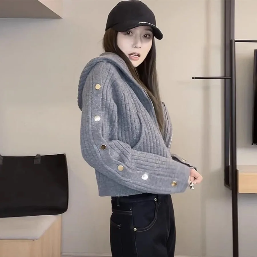 Dubbele Rits Korte Gebreide Vest Met Capuchon Voor Vrouwen Nieuwe Losse Knop Ontwerp Luie Stijl Mode Grijze Trui Jas Top