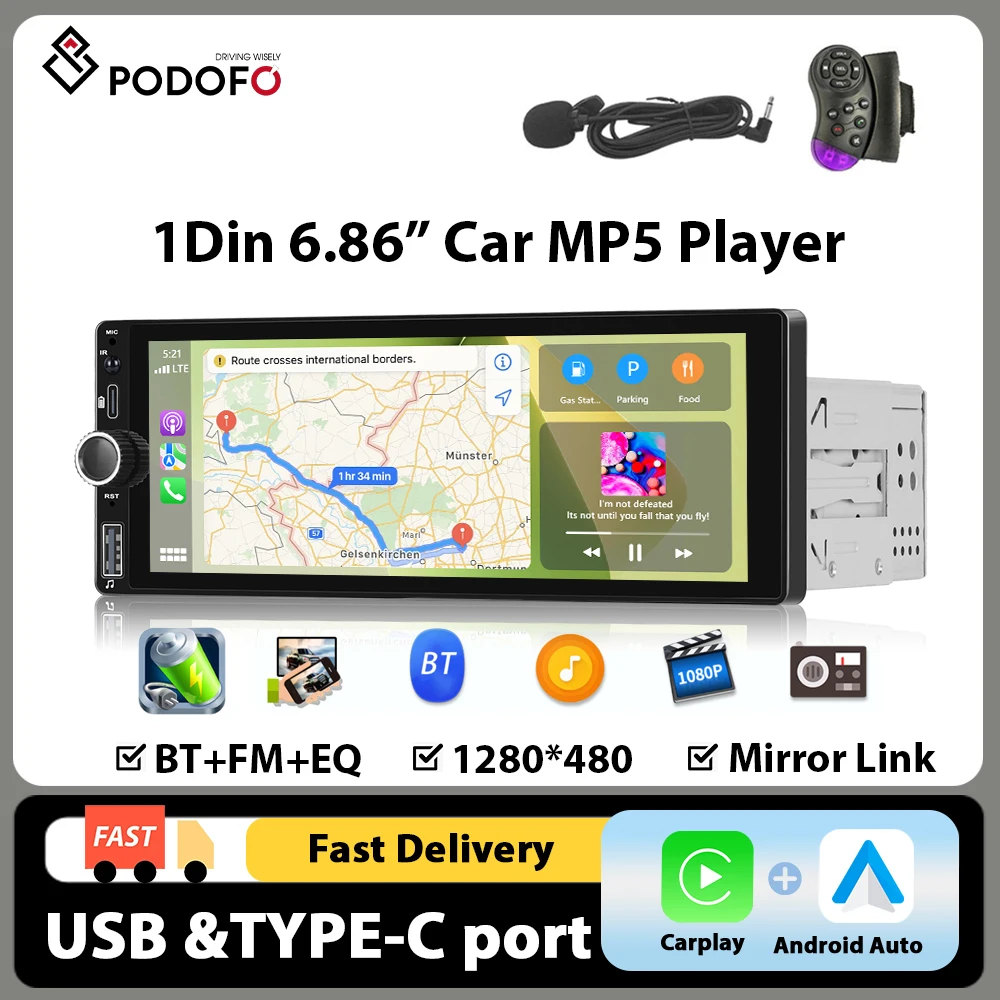 Radio para Auto Podofo 1 Din con Carplay y Android Auto, Reproductor MP5, Pantalla Táctil HD de 6.86 Pulgadas, Compatible con Control del Volante, FM/RDS, EQ, AUX, BT, TF, USB