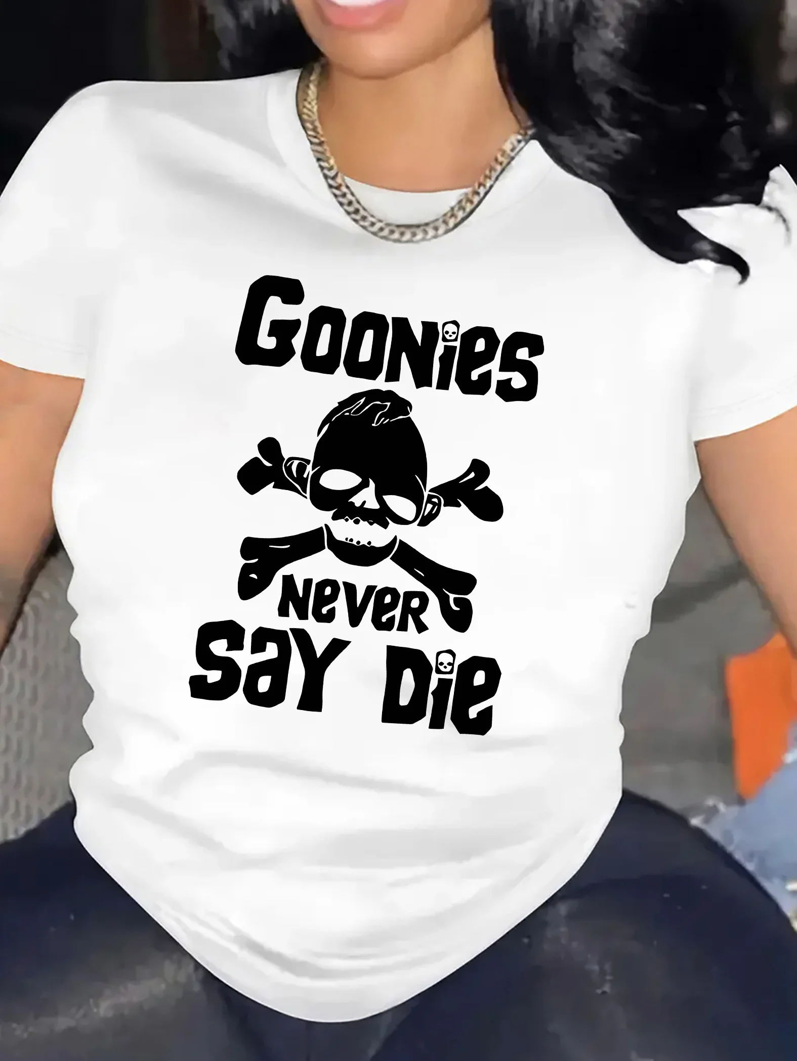

Short Sleeve Crew Neck Goonies Never Say Die Graphic Casual Harajuku Short Sleeve Casual Clothing Street Tees Aesthetic Clothes