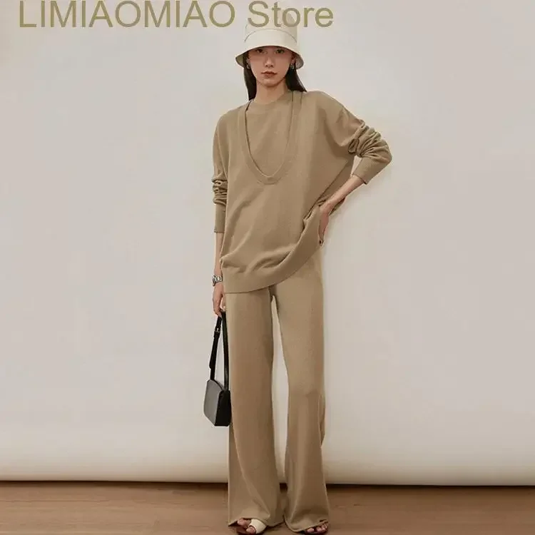 

New Olive green women Knitted Pullover wide leg Sweater pants Jumper Tops two pieces outfit