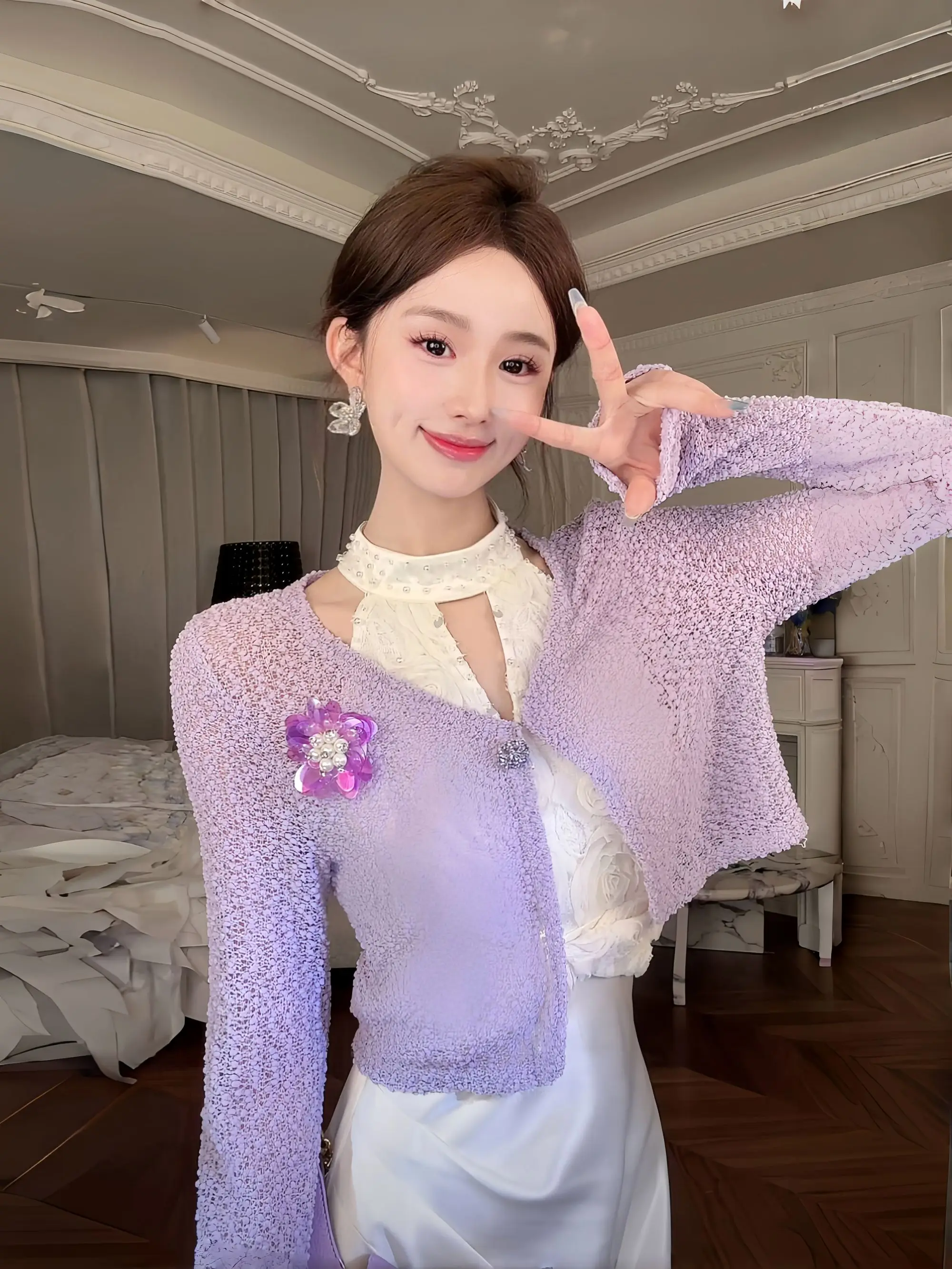 

Ele Fairy Sle V-Ne Slimming Knitted Open Cardigan High-Defn Ice Silk Cool Fabric Yu Xiaoxiao Purple Chuan Qingi