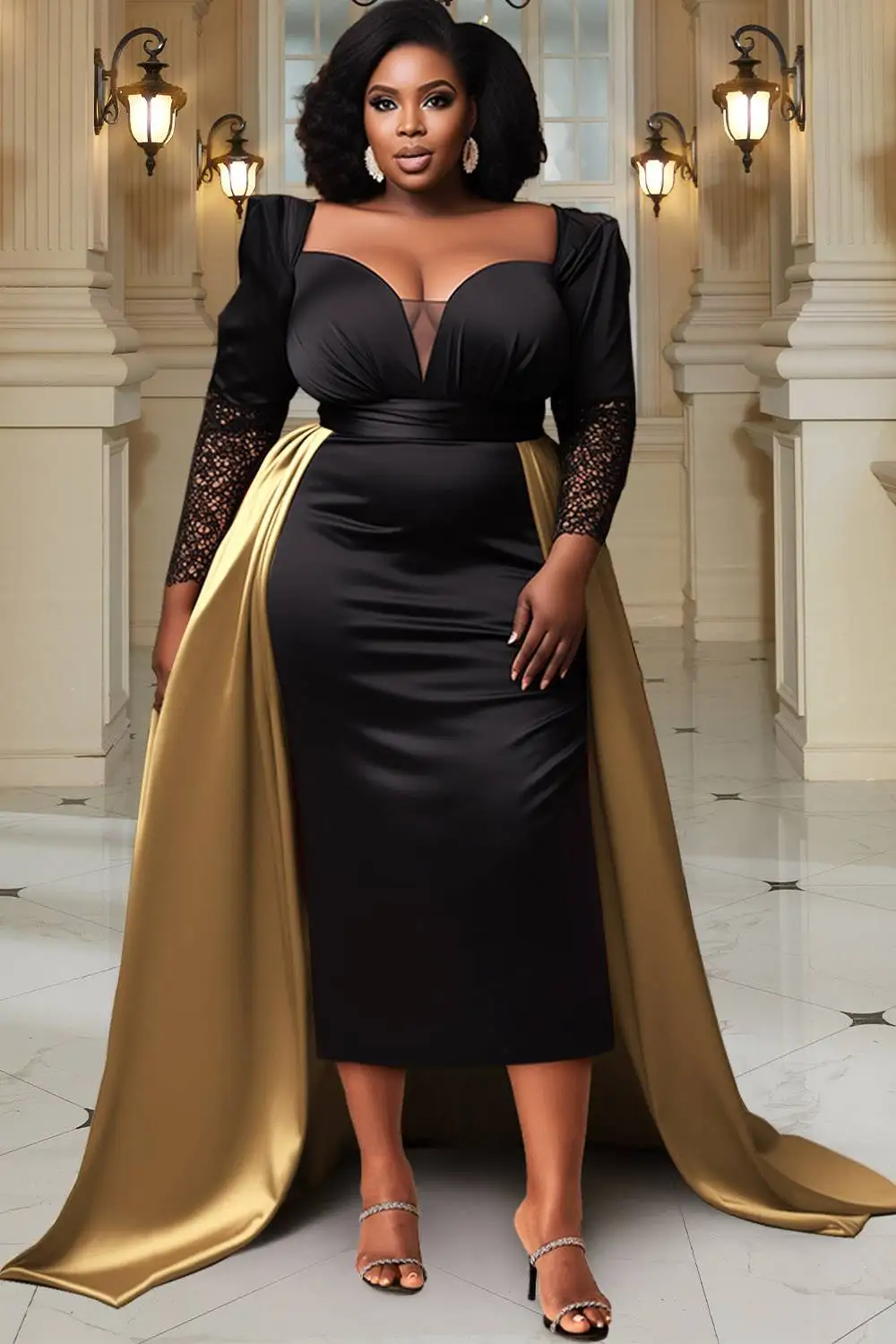 

Plus Size Formal Gold Long Sleeve Peplum Satin Midi Dresses for Women 2025