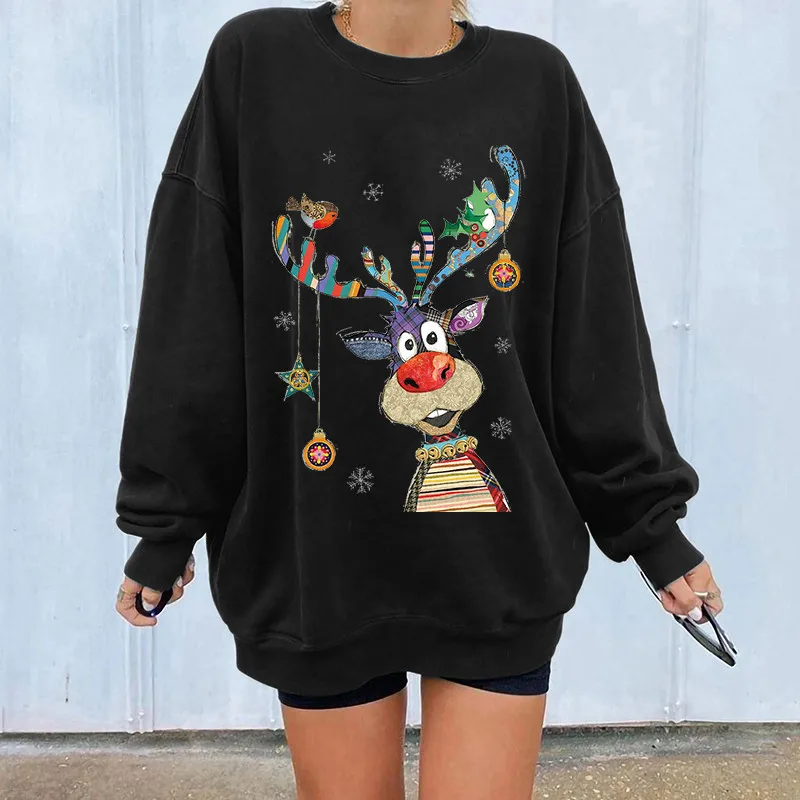 Women's Chirstmas Print Long Sleeved Sweatshirt Casual Blouse Pullover O Women Graphic Hoodies Pullover Velour plus Size Jacket