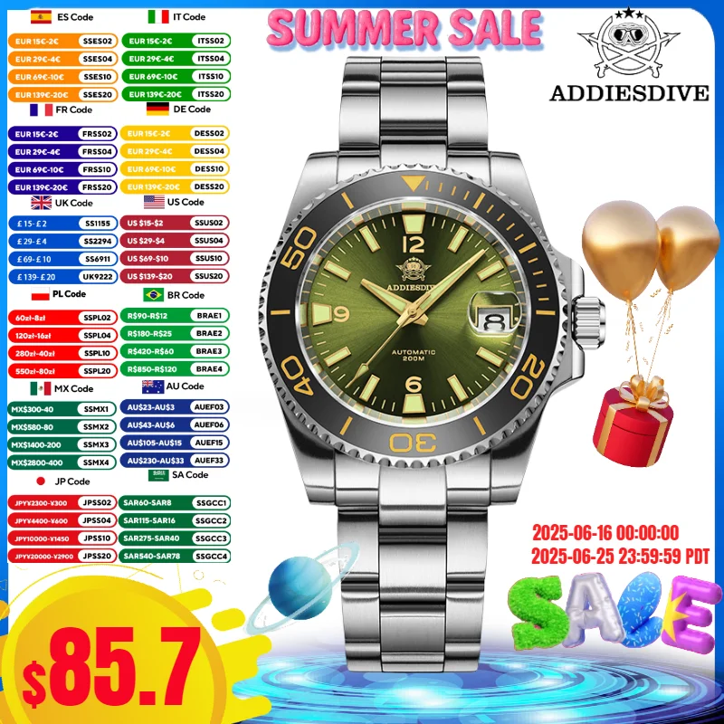 

ADDIESDIVE Automatic Watches For Men Sapphire Glass BGW9 Luminous Diver Watch 200m Waterproof AR Coating Luxury Mechanical Watch